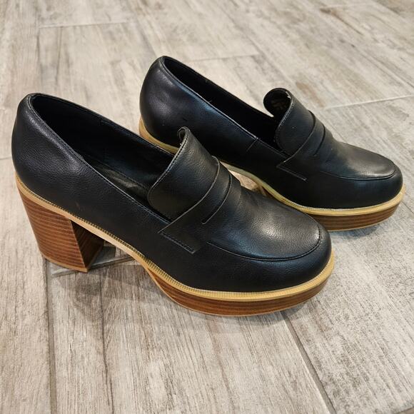 Oasis Society Platform Heeled Loafers Womens 8.5 Black Chunky Block Heel Retro - Picture 1 of 15